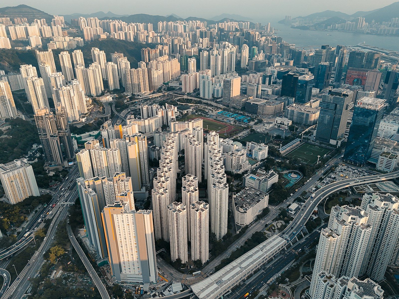 Aerial view of a dense urban city with many buildings.